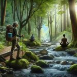 Create a highly realistic and detailed image showcasing the concept of exploring nature for well-being. Include diverse elements such as a dense green forest with towering trees, a crystal-clear stream flowing over rocks, a middle-aged Hispanic woman wearing a backpack and holding a walking stick embarking on a hiking trail, and a South Asian young man sitting on a rock, meditating with the sound of the nearby stream. The atmosphere should be tranquil, and the light filtering through the trees should create an ambiance of serenity and peace.