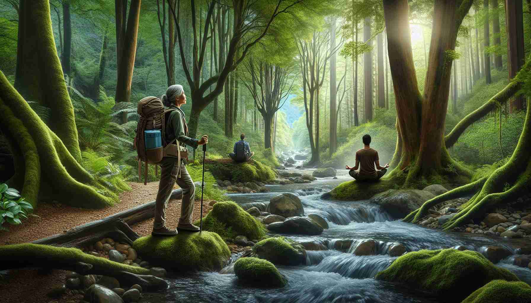 Create a highly realistic and detailed image showcasing the concept of exploring nature for well-being. Include diverse elements such as a dense green forest with towering trees, a crystal-clear stream flowing over rocks, a middle-aged Hispanic woman wearing a backpack and holding a walking stick embarking on a hiking trail, and a South Asian young man sitting on a rock, meditating with the sound of the nearby stream. The atmosphere should be tranquil, and the light filtering through the trees should create an ambiance of serenity and peace.