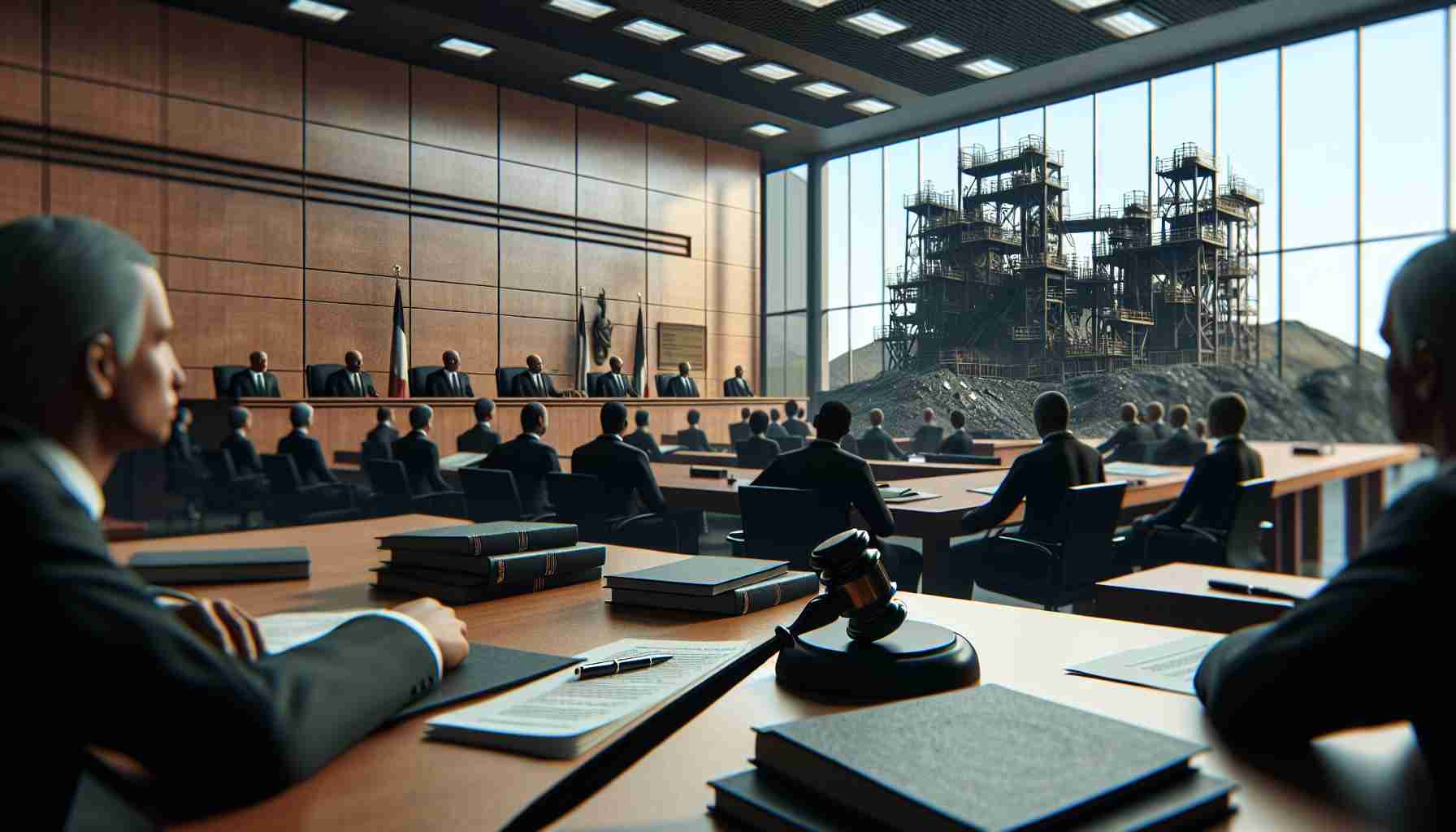 Realistic high-definition image of a multinational mining corporation in a courtroom setting facing litigation over an environmental disaster. The focus should be on the serious ambiance of the legal proceedings rather than on individual faces or identities. The room should be filled with legal documents, a judge's gavel, and other elements that symbolize judicial power and the gravity of the environmental issues at stake.