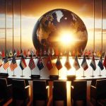 Render a high-definition, realistic image representing the concept of renewed diplomatic relations shaping the future world order. The visual should depict multiple flags of different nations to symbolize international diplomacy, a large round table for negotiations with name placards but no specific names, and a globe to represent the global aspect. Include a sunrise in the background, suggesting a 'new dawn' or the beginning of a new era.