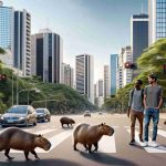 Detailed and realistic high-definition image set in the heart of Brazil's capital. It depicts the exceptional event of an unexpected wildlife encounter taking place. A Black male citizen and a Hispanic female citizen show surprise upon stumbling upon a family of capybaras crossing an urban street. The tropical cityscape forms a stunning backdrop to this intriguing sight, featuring modern buildings mixed with lush greenery. As the capybaras casually traverse the city, the human spectators stay at a safe distance, their faces stamped with awe and curiosity.