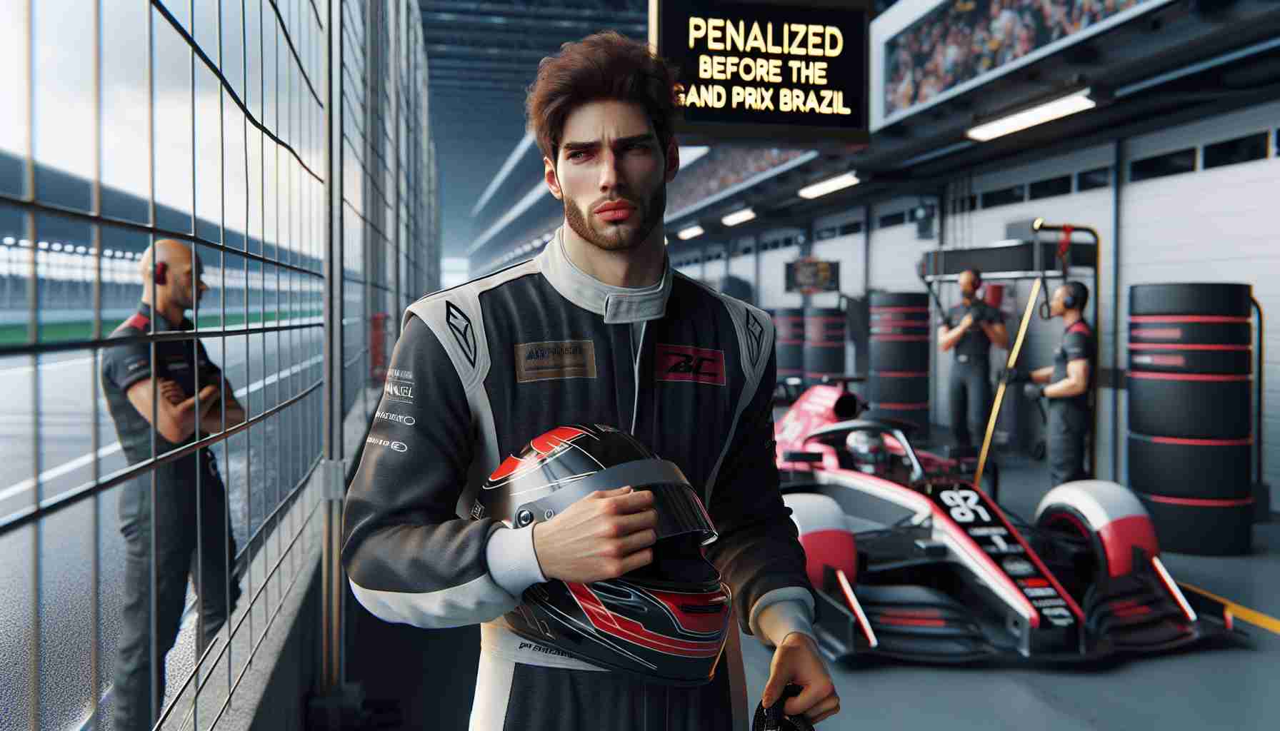 A high-definition, realistic image of a professional male car racer, with medium build and Caucasian descent, in front of a racecar. He is visibly disappointed, dressed in a racing suit and holding a helmet, with a pit crew behind him preparing his car. In the background, a large sign reads 'Penalized Before the Grand Prix in Brazil.' Let the scene give off the vibe of tension and anticipation.