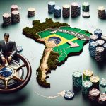 High definition image exemplifying the large corporate decision of an online betting company choosing to disassociate from the Brazilian market. The image should include symbolizations of strategy change such as a metaphorical steering wheel turning in another direction. A map of Brazil with diminishing presence of the company could be illustrated, representing withdrawal. Lastly, visual elements of uncertainty and speculation, like casino chips placed on a table, signify the risky elements of such a market decision.