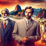 An image of two middle-aged men of significance, one of Indian descent dressed in traditional Indian attire and the other of Caucasian descent in a suit, standing together in Rio de Janeiro. The city skyline displays its iconic sights such as the Christ the Redeemer statue and Sugarloaf Mountain. The sky is vibrant with hues of an orange and red sunset, representing a warm and lively atmosphere, indicative of a reunion. The intricate details highlight a realistic HD quality photo.