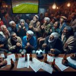 Create a high-definition, realistic picture symbolizing the impact of sports betting on vulnerable individuals in Brazil. This scene should capture tension, desperation, and hope. Depict a diverse group of people, each one engrossed in the suspense of a soccer match on a television set in a local bar. Within this group, include individuals of diverse descents such as Caucasian, Black, and Indigenous Brazilian. There's betting slips scattered on the tables and palpable anxiety in the air as everyone's eyes are glued to the screen. It's important to show the emotional stakes, but also respect and sensitivity towards the subject matter.