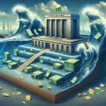 Detailed realistic representation of a symbolic scene depicting the Central Bank of Brazil taking metaphorical 'steps' to stabilize their currency. Visualize this concept through abstract ideas such as a strong, unyielding building, symbolic of the bank, amidst fluctuating waves, representative of the volatile currency. These 'waves' are being calmed, indicating the stabilization process.