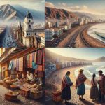 Create a high-definition, realistic image capturing the spirit of travel in Lima, Peru. Showcase dynamic scenes from the bustling city: view of colonial architecture, vibrant street markets filled with colourful textiles, the seaside cliffs at Miraflores district and the looming Andean peaks in the backdrop. Include diverse citizens, such as a Hispanic woman haggling in the market, a Middle-eastern man enjoying the seaside views and an African man strolling in the city. All viewed from the perspective of an unknown observer.