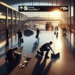 A high definition illustration of a dramatic, suspenseful but non-graphic scene representing a mysterious crime at Guarulhos Airport. The setting sun is casting long shadows over the bustling airport lobby. A discreet sign points to the 'Arrival' section where a crowd has gathered. Alone on the polished marble floor, a dropped luggage sparks curiosity and mystery. Close to it, a Caucasian male airport security officer kneels down scrutinizing the contents, while a Black female detective is taking notes and a Middle-Eastern man in passenger attire looks on with apprehension.