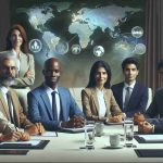 A high definition, realistic image of leaders from different nations gathered to discuss sustainable development. These individuals include a Caucasian woman who is an environmental scientist, a Black man who is a representative of renewable energy companies, a Hispanic woman who is a climate change policy expert, and a South Asian man who represents a non-profit organization for sustainable farming practices. They are in the meeting room, with a world map and icons of sustainable resources in the background.