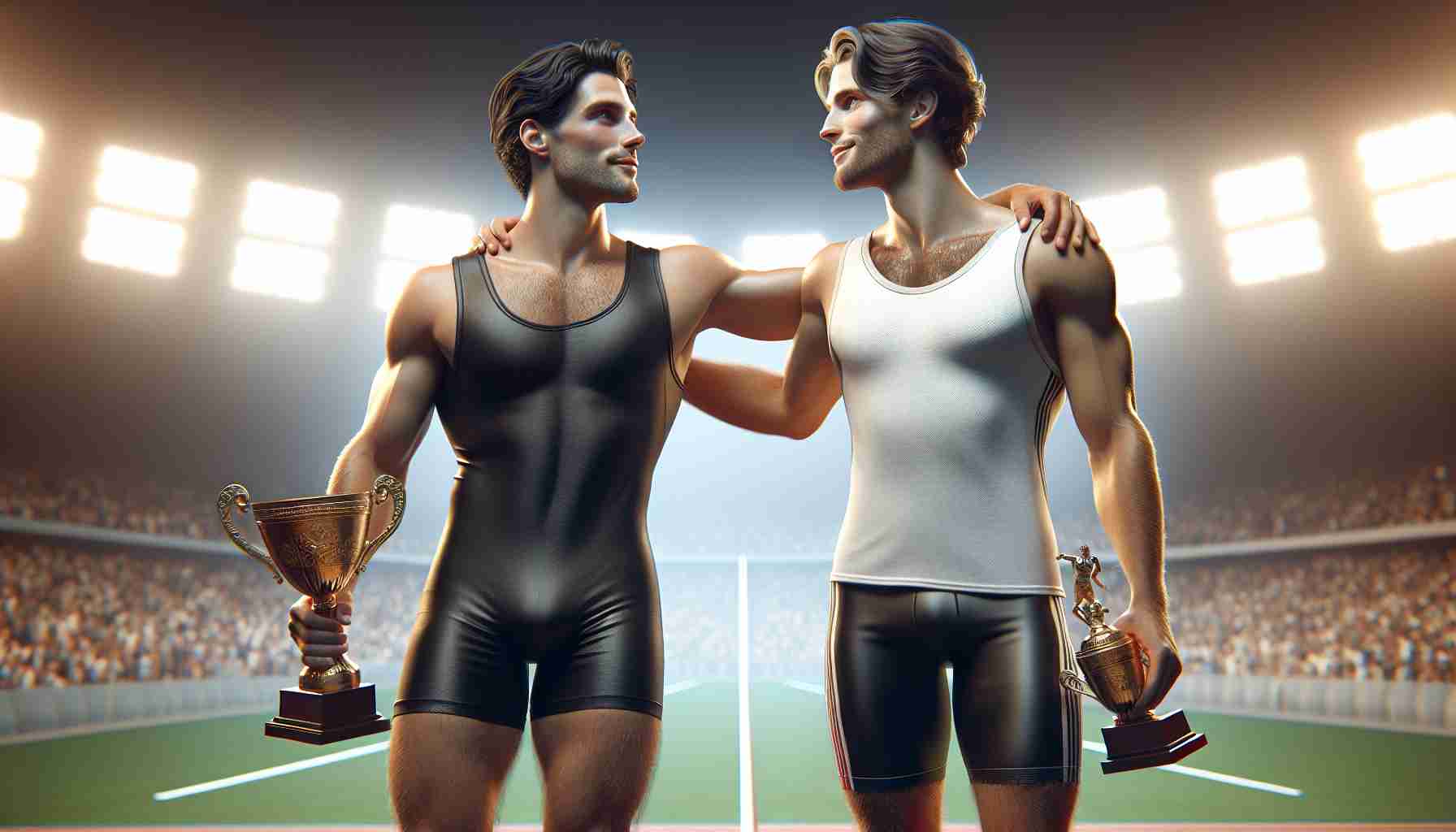 Realistic high-definition image representing the metaphorical journey of two male athletes, who started as rivals in their field spawning intense competition, to becoming companions who share the joy of victory on the podium. The athletes are Caucasian, one with dark hair and the other with light brown hair. They're dressed in their respective sports gear, standing on the podium with their trophies, a look of shared triumph on their faces.