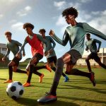 High-definition realistic photo of talented young footballers of African descent, actively shaping the football scene in Brazil, training enthusiastically on a sunlit grassy football field with soccer balls around. Exude vibrancy and energy as they skillfully maneuver the ball, exhibiting their unique techniques that are influencing the Brazilian football landscape.