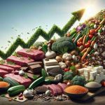 Create a realistic, high-definition illustration that embodies the concept of the rising demand for sustainable, plant-based alternatives challenging the traditional meat industry. The scene can feature various meat products on one side symbolizing the traditional meat industry, and an increasing heap of vegetables, lentils, tofu and other plant-based alternatives on the other side. The plant-based side should display a strong upward momentum, showing they are challenging and changing the status quo. The undercurrent should convey sustainability and health. Please stick to realistic detailing.