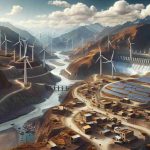 A highly detailed and realistic photo representing the renewable energy revolution in Peru's infrastructure landscape. The scene features installations of wind turbines nestled within the rugged Andean mountains, and solar panels meticulously arranged on arid plains. Nearby, a small village thrives, with homes and buildings powered by these clean energy sources. In the distance, hydroelectric power plants harness the energy of rushing rivers. Such an image symbolizes how renewable energy sources are transforming the infrastructure landscape of Peru.