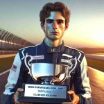 Visual representation conceptual piece: A young adult male race car driver, resembling no real individual, holding a silver trophy with a reflective surface. The driver has Caucasian features, and is wearing a navy blue jumpsuit with white stripes. The background is the glow of the sunset on a racetrack. His expression is poised and thoughtful, hinting at both accomplishment and loss. The title 'Missed Opportunities and Lessons Learned' floats above him, while 'Title Bid Reflection' is displayed underneath him in bold, italic letters.