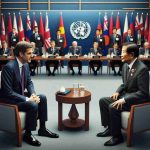 An HD image showing a meeting between a significant British politician and an Asian governmental leader at an international summit, both dressed formal and engaged in conversation. The setting is high-profile, with national flags in the backdrop and security personnel present.