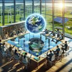 A high-definition, realistic image reflecting the concept of shaping a sustainable future through global collaboration. The image showcases people from various descents and genders working together around a table that has a 3D holographic depiction of the Earth in the center. They are in a meeting room with panoramic windows, featuring breathtaking views of green fields, solar panels, wind turbines and a clean blue sky. The participants are active, discussing and proposing ecologically-friendly solutions, pointing towards different parts of the map. Libraries, books, and project blueprints are scattered around the room, symbolizing knowledge and innovation.