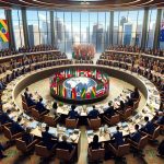 Realistic HD image of a gathering of international delegates in Rio for a Global Economic Summit. Picture shows a large meeting room filled with round tables, each adorned with a country's flag. Delegates sitting around the tables are engaged in conversations while some are giving presentations. Some delegates are female and some are male. Descent of the delegates vary, reflecting worldwide representation including Caucasian, Hispanic, Black, Middle-Eastern, South Asian, etc. Outside the windows, the iconic landmarks of Rio de Janeiro can be seen.