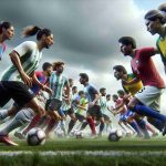 A hyperrealistic, high-definition image showing a diverse group of South American soccer players engaged in a challenging match on the field. Teammates exchange quick glances as they maneuver under an overcast sky, sweat rolling down their intense faces. Their uniforms, emblazoned with the colors of different South American nations, flit across a green pitch, which is filled with not just ordinary soccer balls, but also unexpected obstacles like wind gusts, uneven terrain, and tricky patches of temporary shadow. Both women and men soccer players are present, reflecting diverse gender participation in the sport.