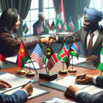 High-definition, realistic image that represents the concept of 'Strengthening Diplomatic Ties for Mutual Prosperity'. This can be visually communicated through a scene where two individuals, one female South Asian diplomat and one male African diplomat, are shaking hands across a table. The table may have flags of their respective nations, making it clear that it's a diplomatic meeting. On the table, there might also be documents and paperwork that symbolizes prosperity - such as international trade agreements, plans for collaborative projects, etc.