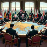 Illustration of a group of anonymous world leaders, identified only by national flags as pins on their suits, gathered around a round table in a grand room with big windows. They are in deep discussion, with expressions of concern, contemplation and condemnation, pointing at a map of Eastern Europe spread out on the table. The image should be in a realistic, high definition style.