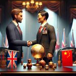 High definition realistic image of a well-dressed politician from the United Kingdom engaging in a diplomatic conversation with a representative from China, focusing on strengthening international ties. They are surrounded by symbolic imagery of diplomacy and unity, such as shaking hands over a globe or exchanging cultural gifts. The setting is a formal diplomatic environment with flags of both nations in the background.