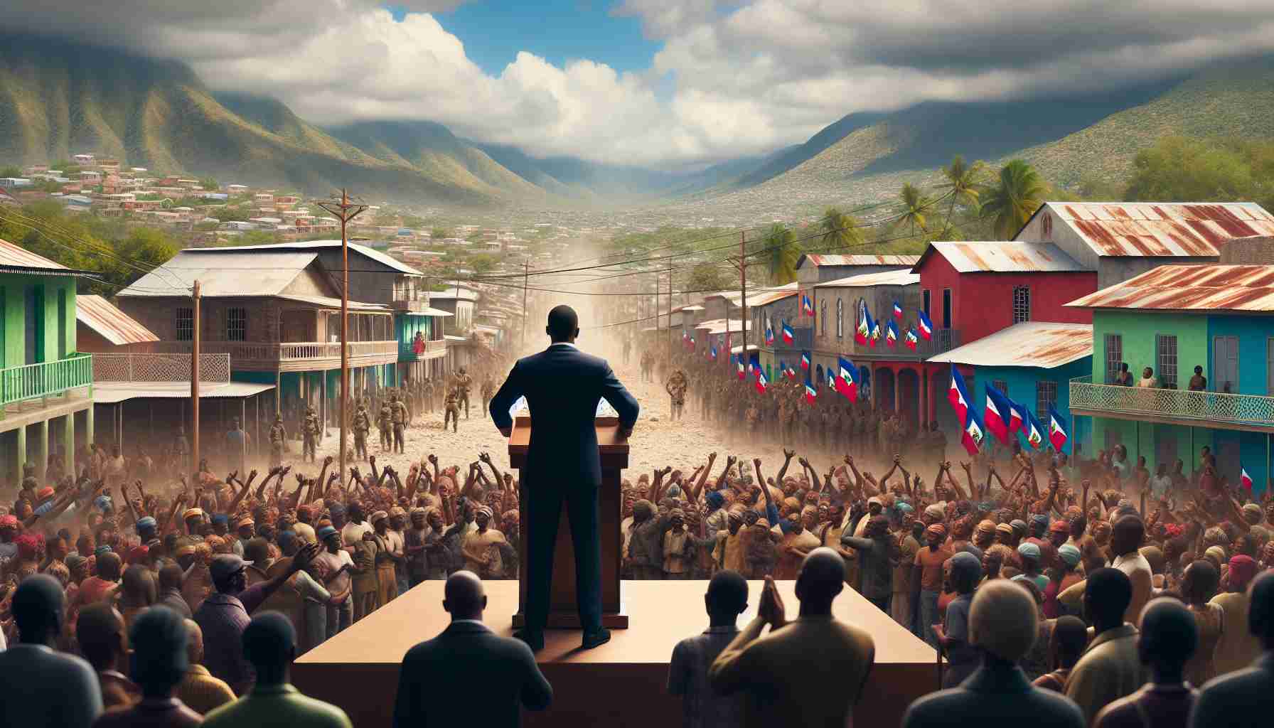 Realistic, high-definition image of a symbolizing event titled 'Revitalizing Hope: New Leadership'. Picture this scene set in Haiti, imbued with a sense of budding optimism and prowess. Imagine a leader who is not a specific person, but an embodiment of courage and innovation, standing in front of a crowd, addressing people with determination and hope. The atmosphere is tense yet expectant, filled with the vibrant culture and colors of Haiti, showcasing their unique architecture and landscapes in the background.