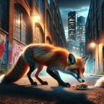 An ultra high definition, photorealistic representation of a scene showcasing the rare occurrence of wildlife in urban settings. Picture a nimble, sleek fox with vibrant orange fur carefully inching towards a discarded sandwich in a deserted inner-city alleyway as the city lights cast a glowing aura around him. The brick buildings tower on either side, graffiti adding pops of color while city traffic hums softly in the distant background.