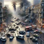 A detailed and hyper-realistic image of a chaotic urban scene, depicting a city center surrounded by smoke and rubble, symbolizing an aftermath of explosions. Cars are turned over and shards of glass and debris litter the streets. Warning sirens blare in the background and emergency vehicles rush to the scene. People, a mix of law enforcement officers and civilians of diverse descents and genders, are shown aiding one another amidst the crisis. The location should resemble typical  Brazilian architecture but not name it directly. The ambiance should be intense, filled with urgency and fear, but no intense gore or violence should be depicted.