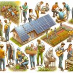 Create a detailed depiction of local community members engaged in sustainable development activities. Display diverse individuals of varying genders and descents -- some may be installing solar panels on a communal building, others could be planting a community garden, and some might be educating youth about recycling. Illustrate this community's progress, initiative, and empowerment in bright, high-definition imagery.