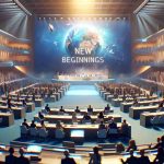 An ultra-high definition, hyper-realistic visual of a moment titled 'New Beginnings' at an international conference promoting global unity. The scene captures a large auditorium with representatives from various regions around the world, excitedly engaged in conversations. The atmosphere is of hope and anticipation with people working towards a common goal. Illuminated on stage is a banner reading 'New Beginnings', symbolizing the start of a new era of global cooperation and understanding.