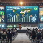 Generate a hyperrealistic high-definition image displaying a scene of Brazil declaring ambitious climate action goals. The scene should include a projecting screen showing a graph of reducing carbon emissions, people conventionally dressed for a conference, including a Middle-Eastern male speaker, a Caucasian female attendee, and a South Asian male participant. The background should have symbols or infographics representing sustainability and green energy solutions.