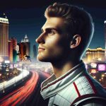 High-definition, realistic depiction of an unnamed professional race car driver, brimming with potential and optimism as he gazes towards an upcoming victory in the glitzy city of Las Vegas, possibly securing his fifth victory in an international motorsport competition.