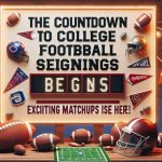 Generate a high-definition, realistic image of a countdown sign for college football signings. The sign has the words 'The Countdown to College Football Signings Begins! Exciting Matchups Are Here!' written on it. The sign should be placed in a festive environment with the anticipation of the exciting sporting event palpable in the air. Decorations associated with the sport, like footballs, helmets, and pennants of various college teams, should embellish the scene.