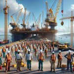 Render a high-definition, realistic image showcasing the beginning stages of construction on a new deepwater terminal in Brazil. The scene should include a plethora of construction equipment such as cranes and excavators, workers of diverse descents including Hispanic, Middle-Eastern, South Asian, and Caucasian males and females wearing safety equipment and actively working. Include a clear blue sky backdrop, and the vast expanse of ocean, signifying the deepwater location.