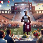 High-definition, realistic image of a grand news event related to college American Football! The scene shows an amphitheater full of anticipatory crowd, filled with banners and colorful balloons. The rising star of the sport, a young Black player, takes center stage, announcing his choice of the future college team. He holds up a jersey, his face filled with determination and hope. Close up images of the crowd, some filled by expectation, some by surprise and applause echo the significance of this moment.