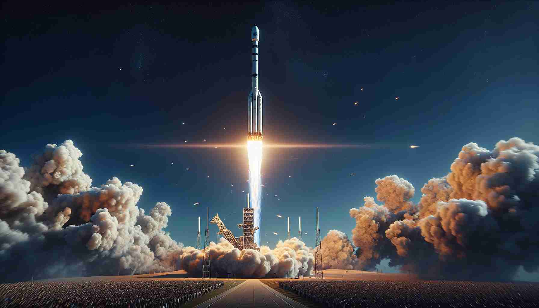 Realistic high-definition image showcasing a record-breaking rocket launch by an anonymous private aerospace company. The soaring rocket is reaching unprecedented heights against a clear blue sky. Smoke and flames trail behind the spacecraft as it ascends, a testament to the remarkable power and engineering involved. As spectators on the ground watch in awe, the launch embodies the relentless pursuit of space exploration and technological advancement. Capture the exhilaration and the thrill of this moment in the most detailed manner.