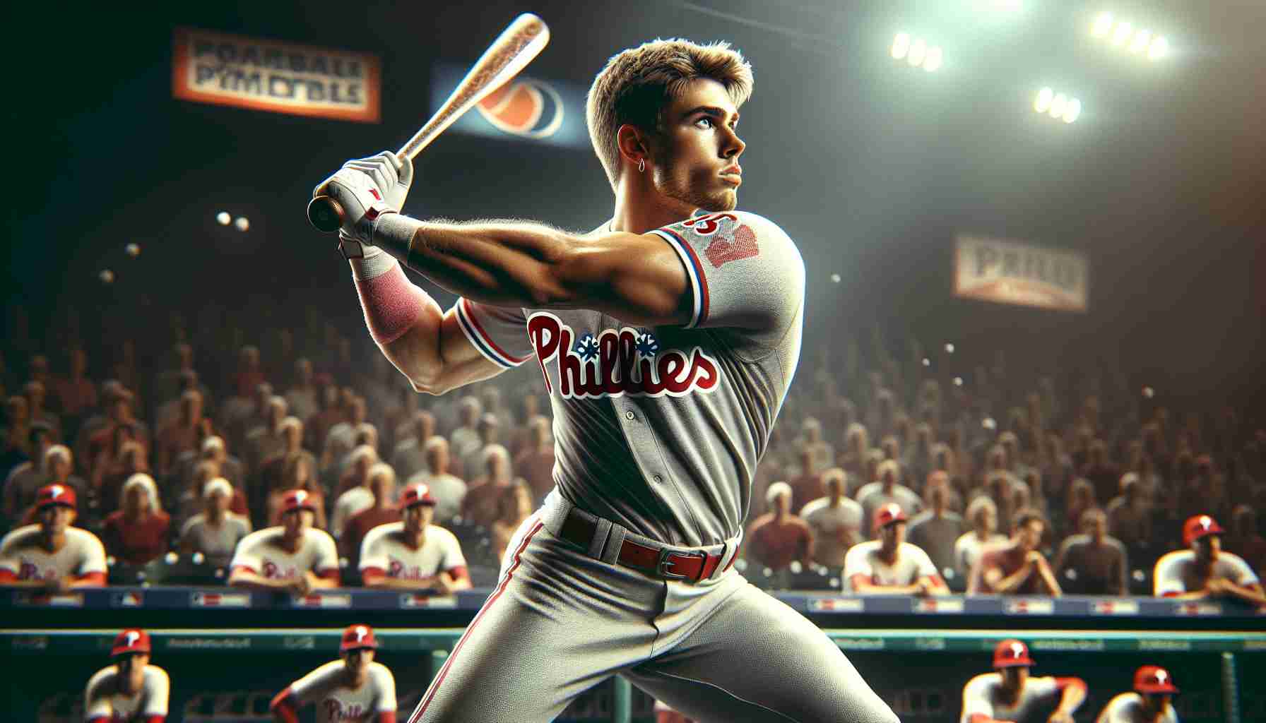 Generate a realistic, high-definition image of a baseball player in action. Let's have a young, Caucasian male athlete in a baseball uniform, he is in the middle of a swing with a baseball bat. The anticipation and tension such a moment holds are clear on the player's face and posture. The crowd is visually excited, awaiting the outcome in the background. The team's logo on the uniform is a stylized 'P', indicating they're the 'Phillies'. Underneath the image, the text, 'Could this player's future change? The Phillies' Tough Choice!' is written in bold, impactful letters.