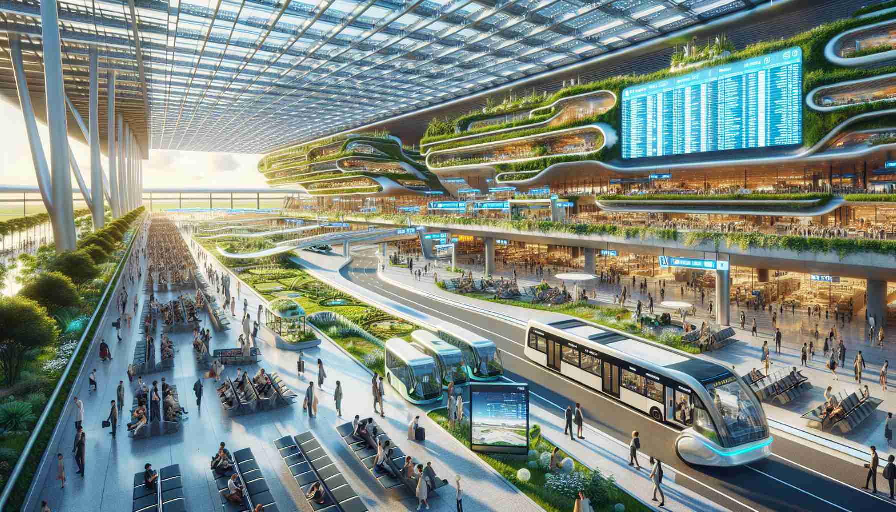 A realistic high-definition image of a groundbreaking sustainable airport infrastructure. This modern marvel harnesses renewable energy sources and features green spaces, bio-dynamic gardens, and a solar-paneled roof. Electric transit options, like electric buses and shuttles, are visible in the commuting area, signifying the revolution that this infrastructure has made in the travel experience. A digital information display exhibits multiple international flights while people of various descents and genders are seen in the passenger area, epitomizing the essence of global connectivity and inclusivity.