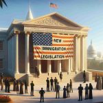 A realistic, high-definition depiction of a symbolic image representing new legislation being introduced to protect vulnerable immigrants. This could contain a calm and inviting legal institution on a sunny day, with a proud unfurling banner labeled 'New Immigration Legislation'. The atmosphere should convey a sense of security and hope. Also in the picture, there could be symbolic representations of diversity, such as people from different descents like Middle-Eastern, Hispanic, Black, and Caucasian standing nearby, peacefully observing the scene.